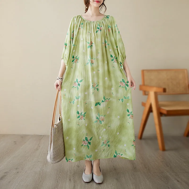 Green Plant-Print Maxi Dress