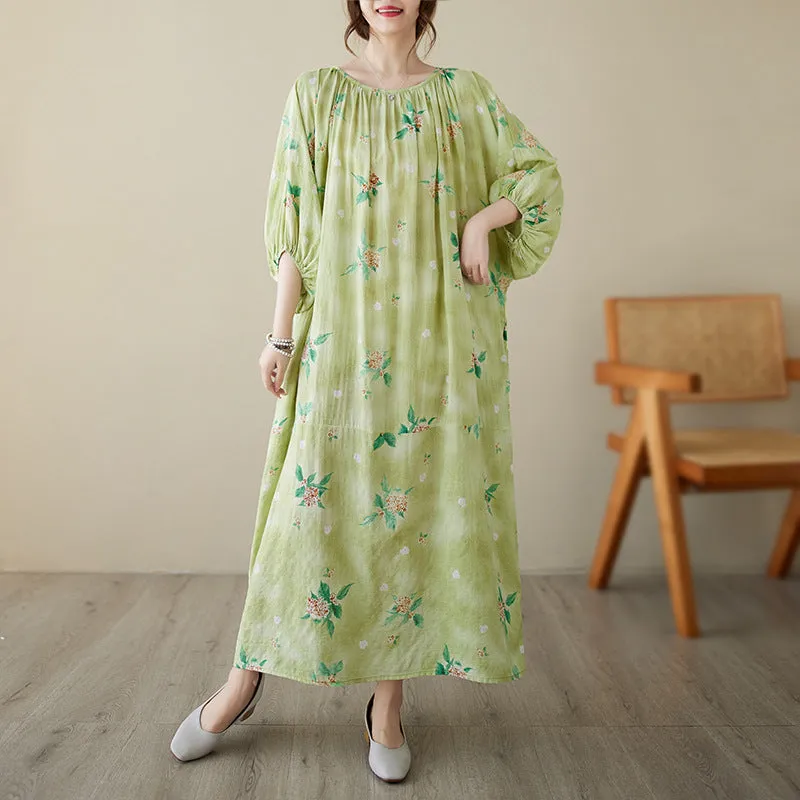 Green Plant-Print Maxi Dress