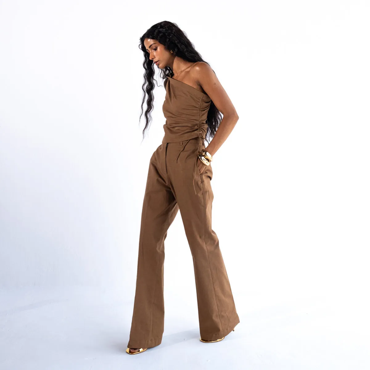 Linen Straight Fit Pants For Women | Brown
