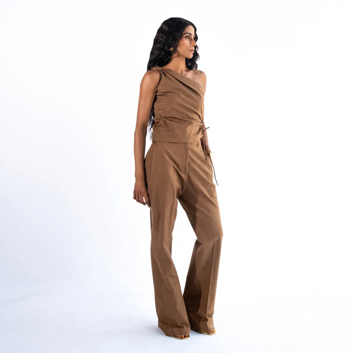 Linen Straight Fit Pants For Women | Brown