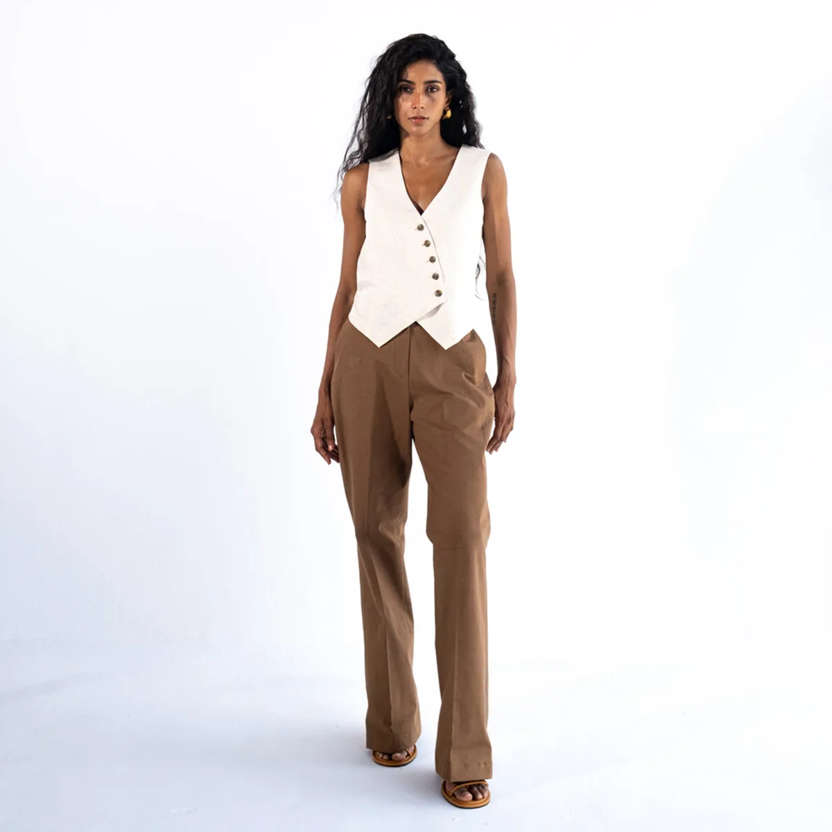 Linen Straight Fit Pants For Women | Brown