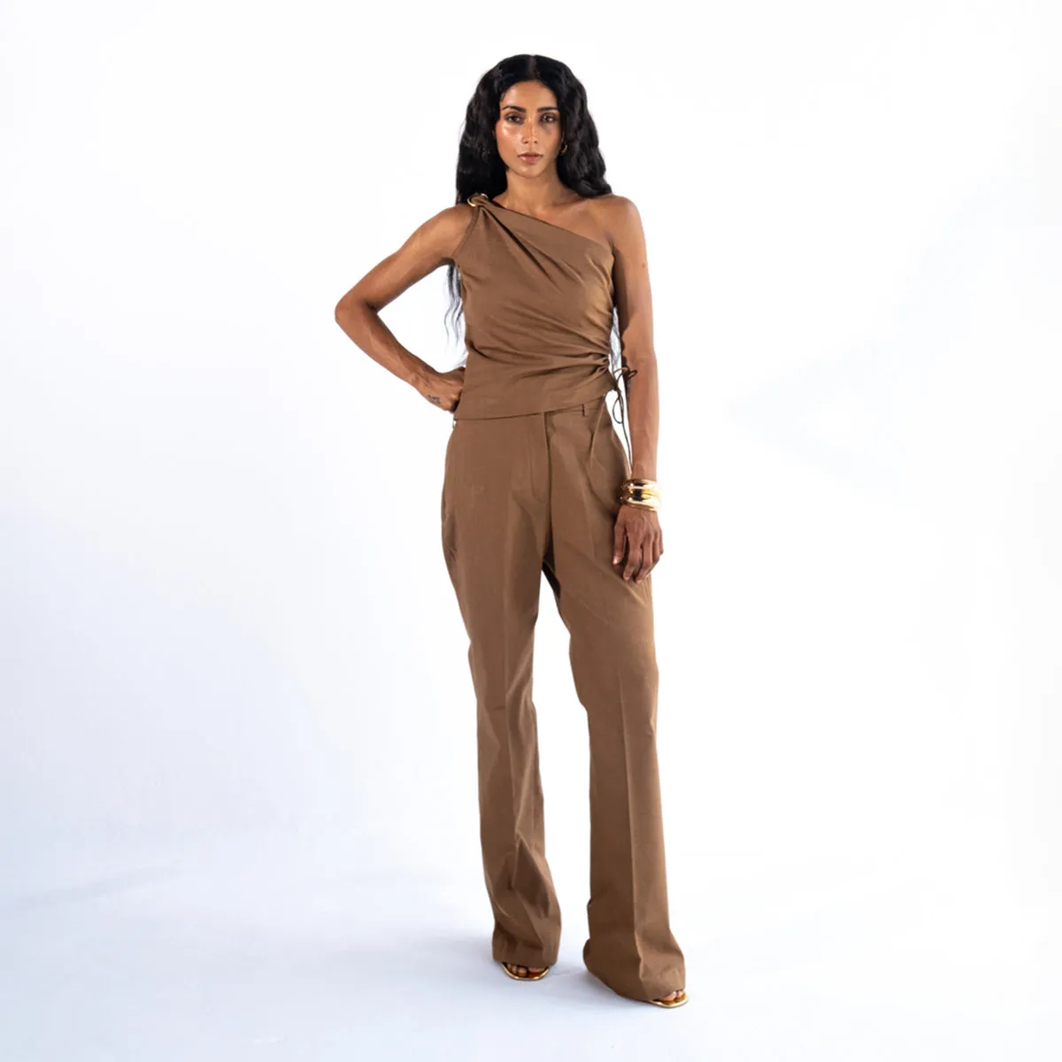 Linen Straight Fit Pants For Women | Brown