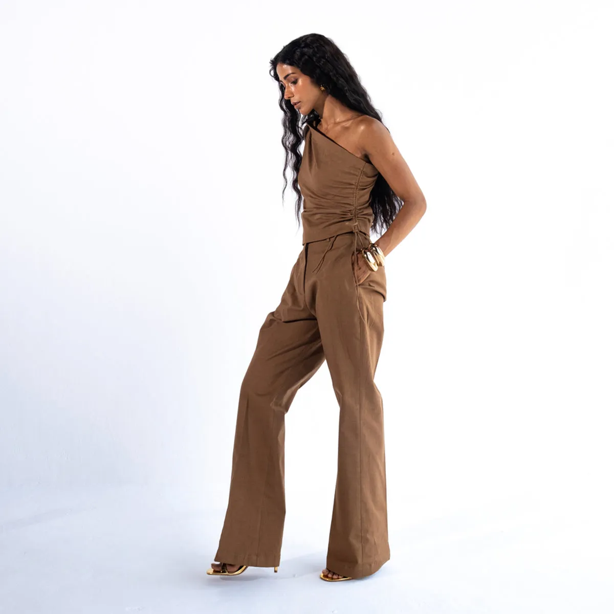 Linen Straight Fit Pants For Women | Brown