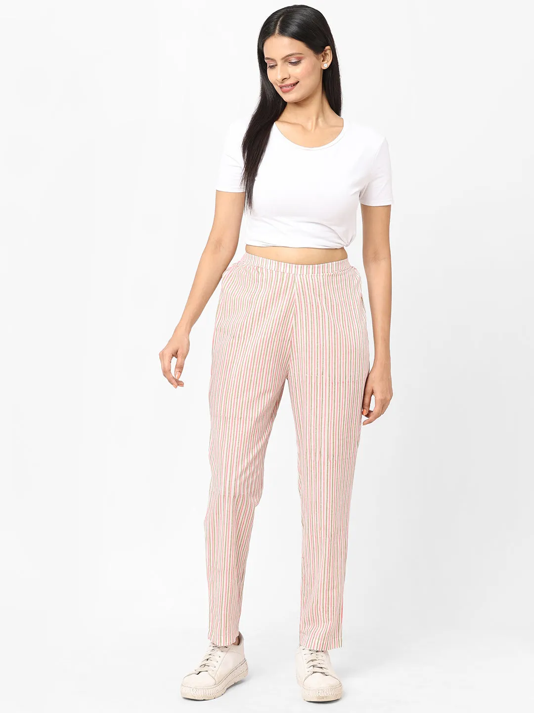 Women's Cream Cotton Regular Fit Pant