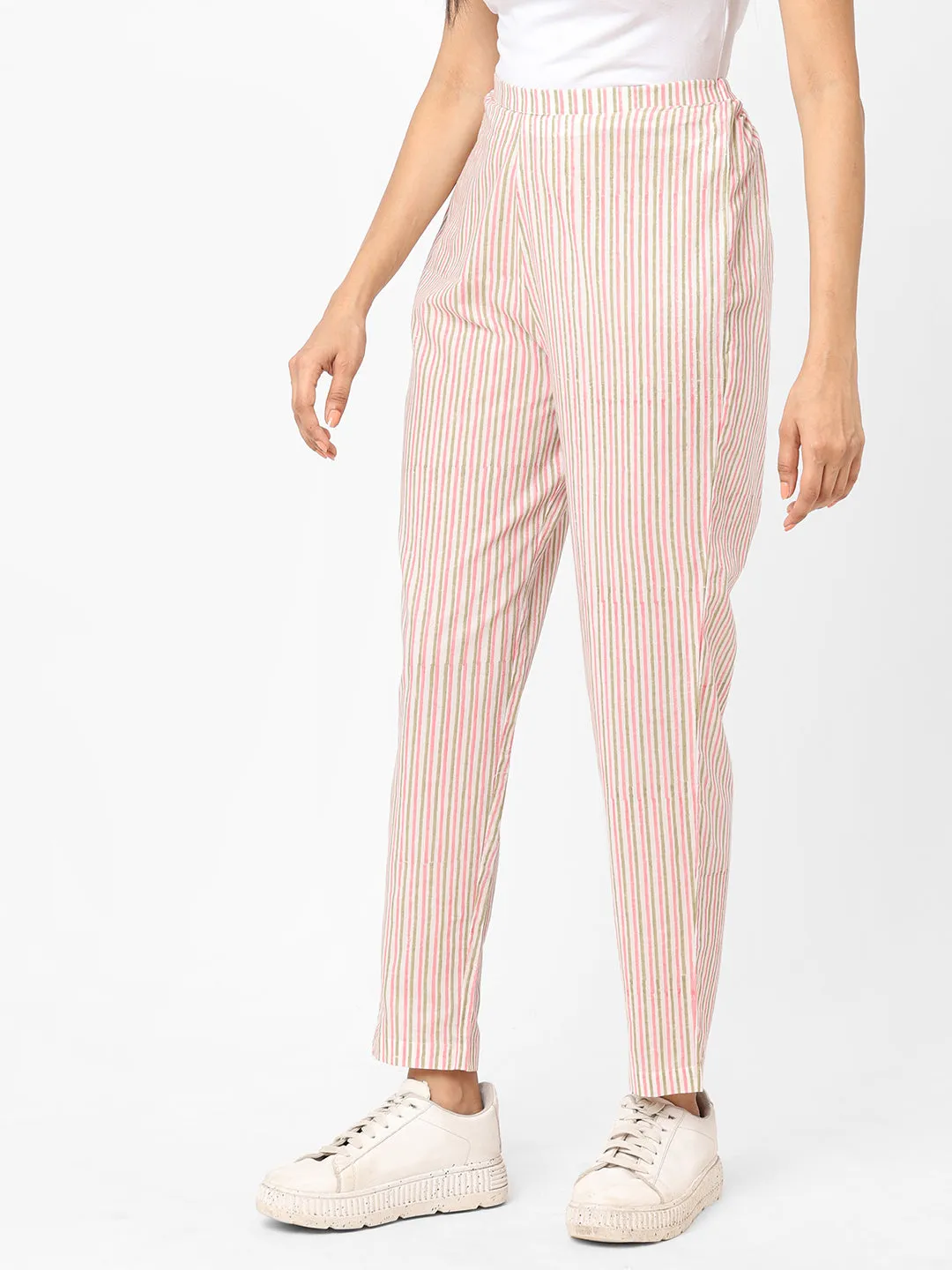 Women's Cream Cotton Regular Fit Pant