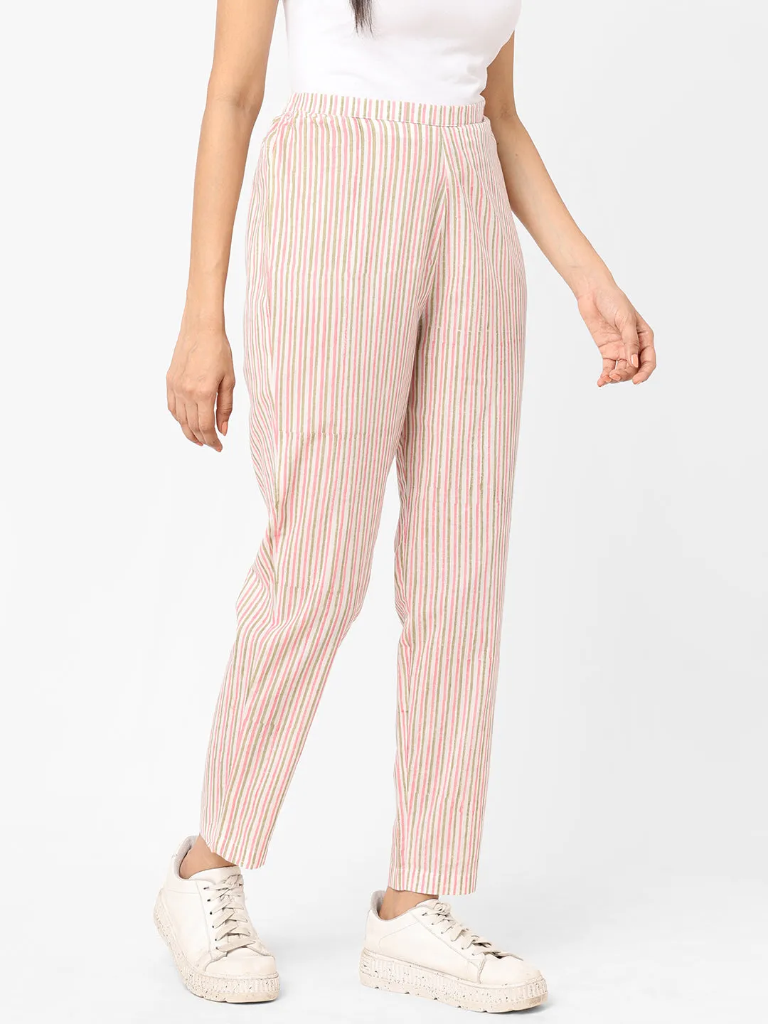 Women's Cream Cotton Regular Fit Pant